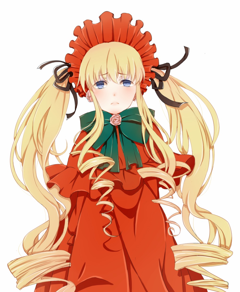 1girl blonde_hair blue_eyes blush bonnet bow bowtie dress drill_hair flower green_bow image long_hair long_sleeves looking_at_viewer ringlets rose shinku sidelocks simple_background solo striped striped_background twin_drills twintails white_background