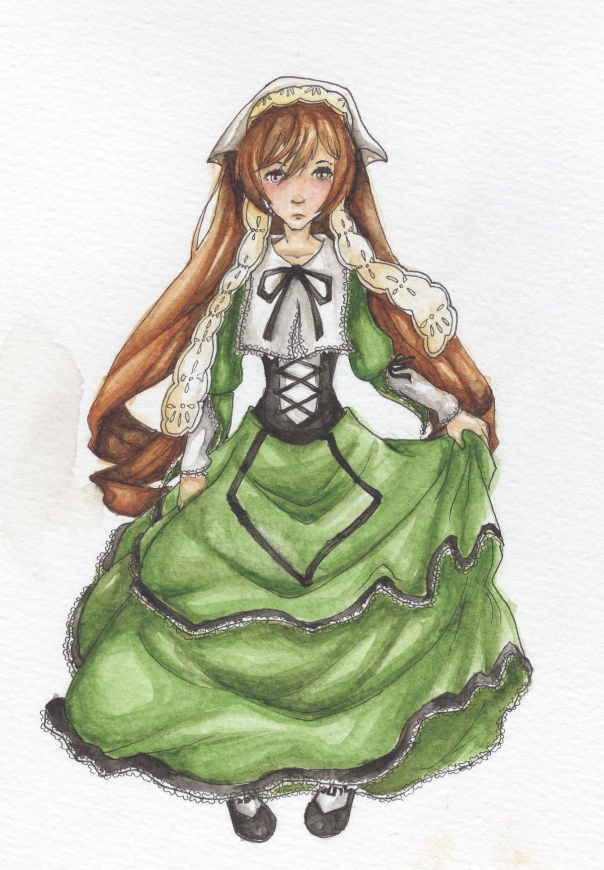 1girl blush brown_hair dress drill_hair full_body green_dress image long_hair long_sleeves looking_at_viewer ribbon skirt_hold solo suiseiseki twin_drills twintails very_long_hair white_legwear