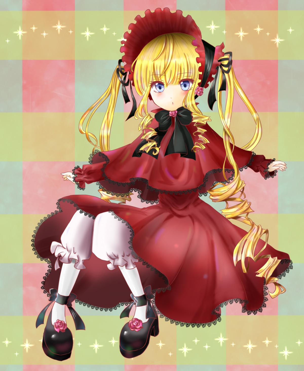 1girl blonde_hair bloomers blue_eyes blush bonnet bow bowtie capelet checkered_background dress drill_hair full_body image long_hair long_sleeves looking_at_viewer pink_flower red_capelet red_dress shinku shoes solo sparkle sparkle_background twin_drills twintails underwear white_legwear