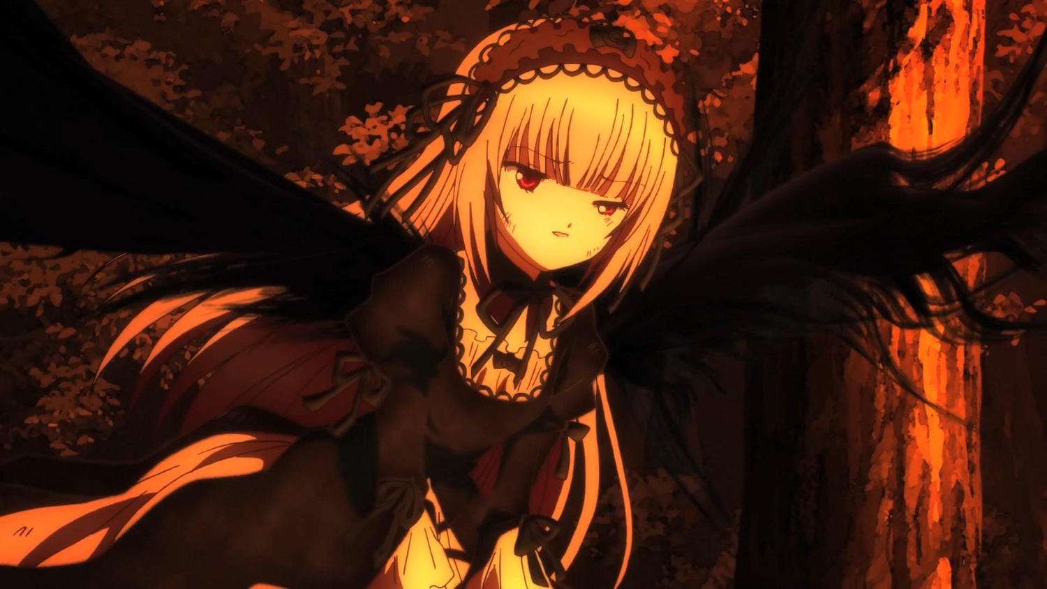 1girl auto_tagged black_wings dress frills hairband heterochromia image lolita_hairband long_hair long_sleeves looking_at_viewer smile solo suigintou tree very_long_hair wings