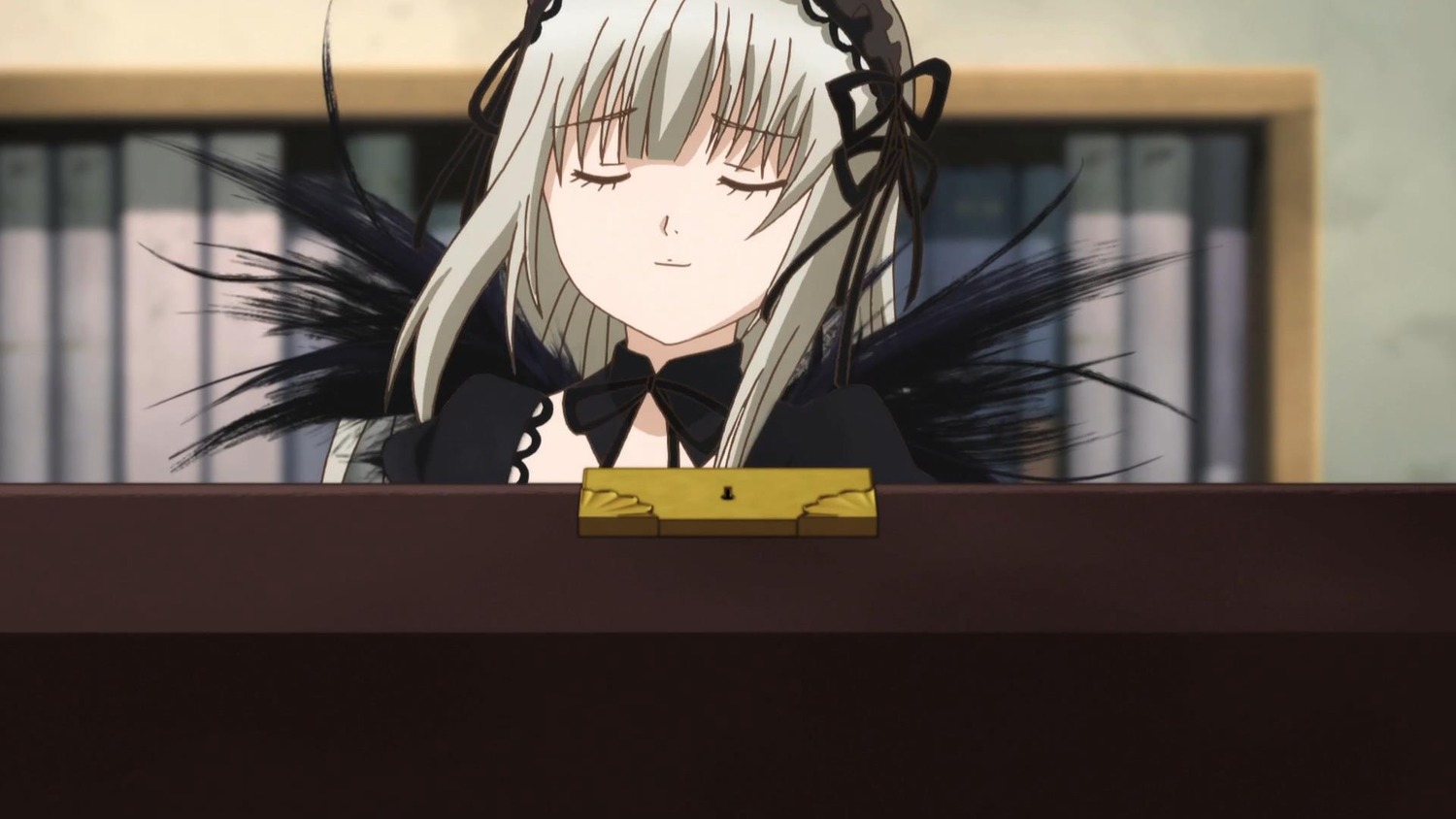 1girl bangs black_dress black_ribbon black_wings blurry blurry_background closed_eyes closed_mouth depth_of_field detached_collar dress hairband image long_hair photo ribbon silver_hair solo suigintou