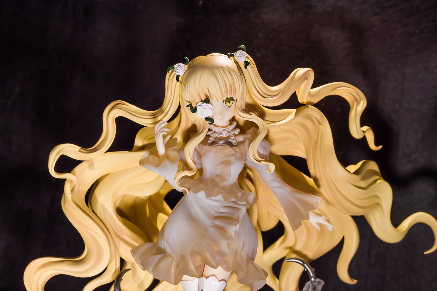 1girl blonde_hair doll dress eyepatch flower hair_ornament kirakishou long_hair see-through solo two_side_up very_long_hair yellow_eyes