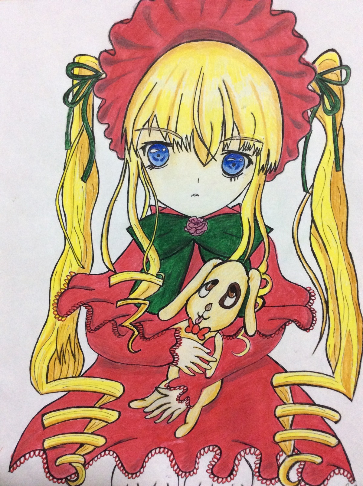 1girl bangs blonde_hair blue_eyes bonnet bow bowtie dress eyebrows_visible_through_hair frills green_bow grey_background image long_hair long_sleeves looking_at_viewer marker_(medium) parted_lips photo red_capelet red_dress shinku sidelocks simple_background solo traditional_media twintails