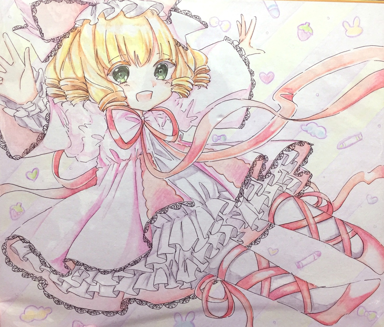 1girl blonde_hair bug butterfly chain dress drill_hair frills green_eyes hat hina_ichigo hinaichigo image insect marker_(medium) open_mouth ribbon short_hair smile solo traditional_media watercolor_(medium)