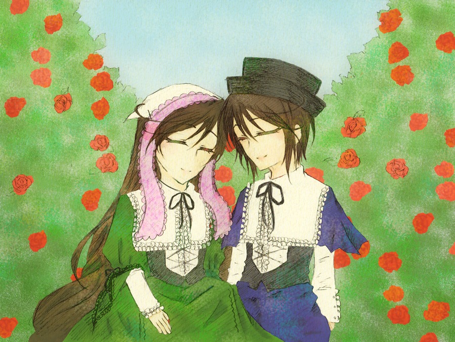 2girls auto_tagged brown_hair closed_eyes dress flower green_dress hat image long_hair long_sleeves multiple_girls pair pink_rose red_flower red_rose ribbon rose short_hair siblings smile souseiseki suiseiseki