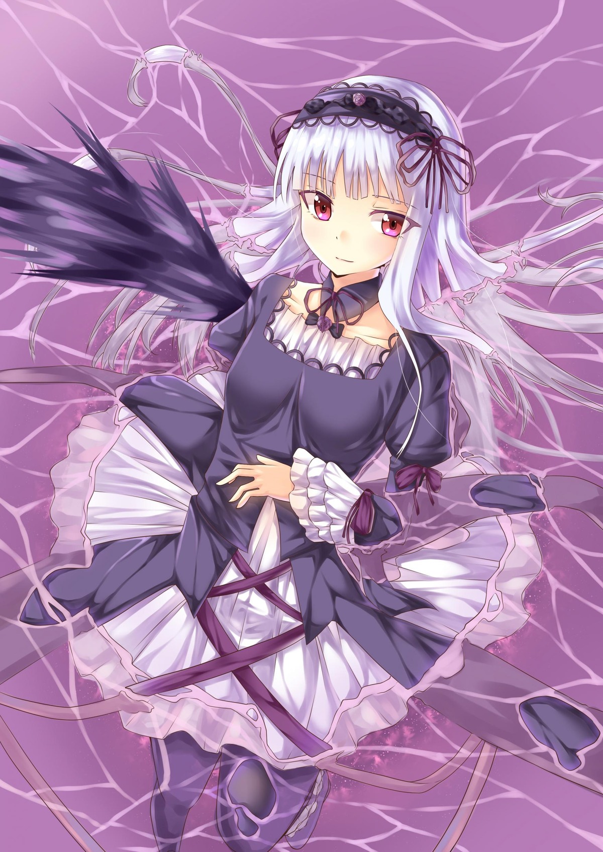1girl absurdres bad_id bad_pixiv_id black_dress black_legwear black_wings capelet dress frills gothic_lolita hairband highres image juliet_sleeves layered_sleeves light_smile lolita_fashion lolita_hairband long_hair long_sleeves looking_at_viewer lying puffy_sleeves red_eyes ribbon rose rozen_maiden short_over_long_sleeves short_sleeves silver_hair solo standing standing_on_liquid suigintou tukiotoyomi water white_hair wide_sleeves wings