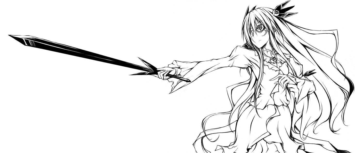 1girl barasuishou dress greyscale holding holding_weapon image long_hair long_sleeves monochrome solo sword very_long_hair weapon