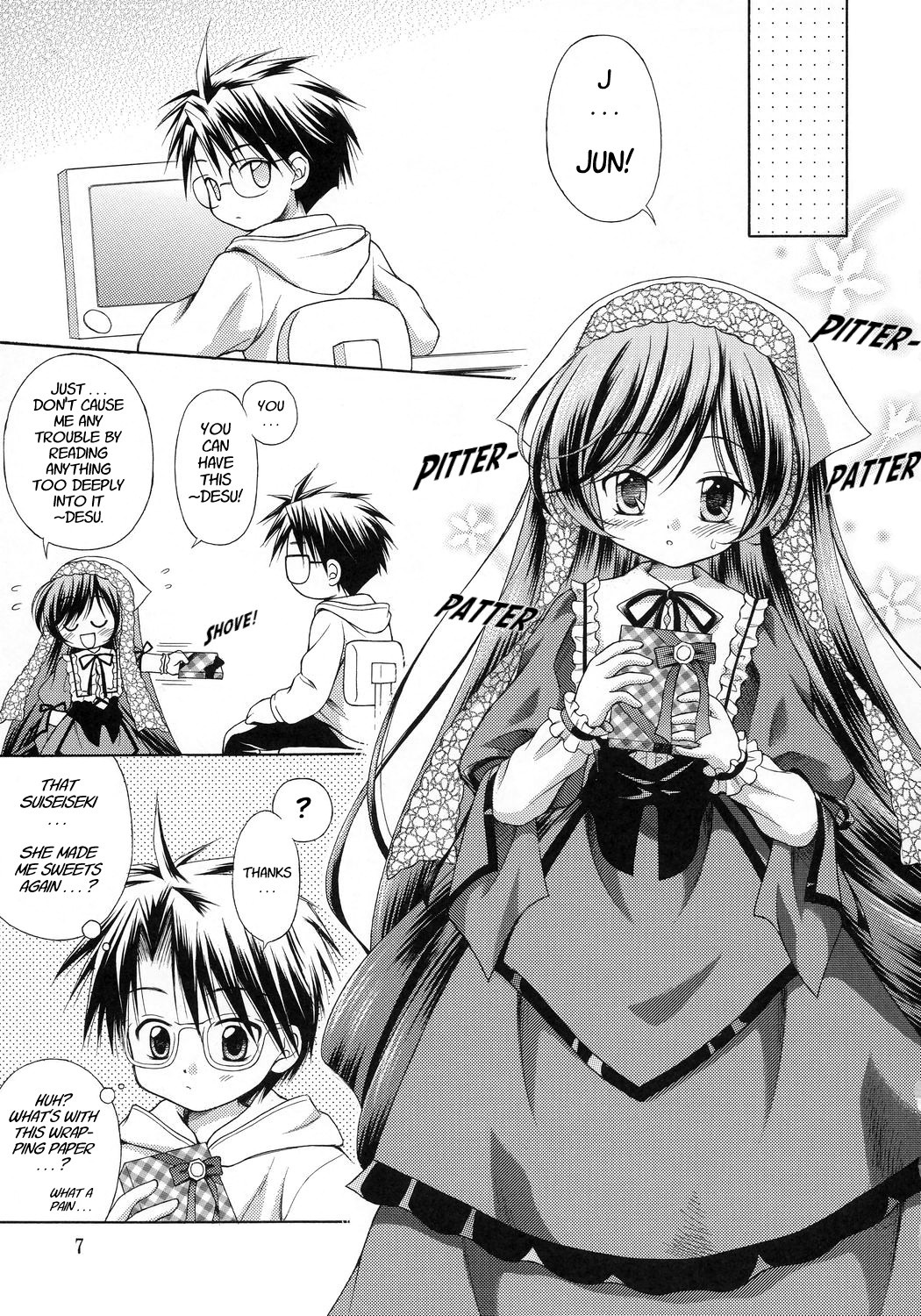 1boy 1girl blush comic doujinshi doujinshi_#104 dress english_text frills glasses greyscale hood image long_hair long_sleeves monochrome multiple