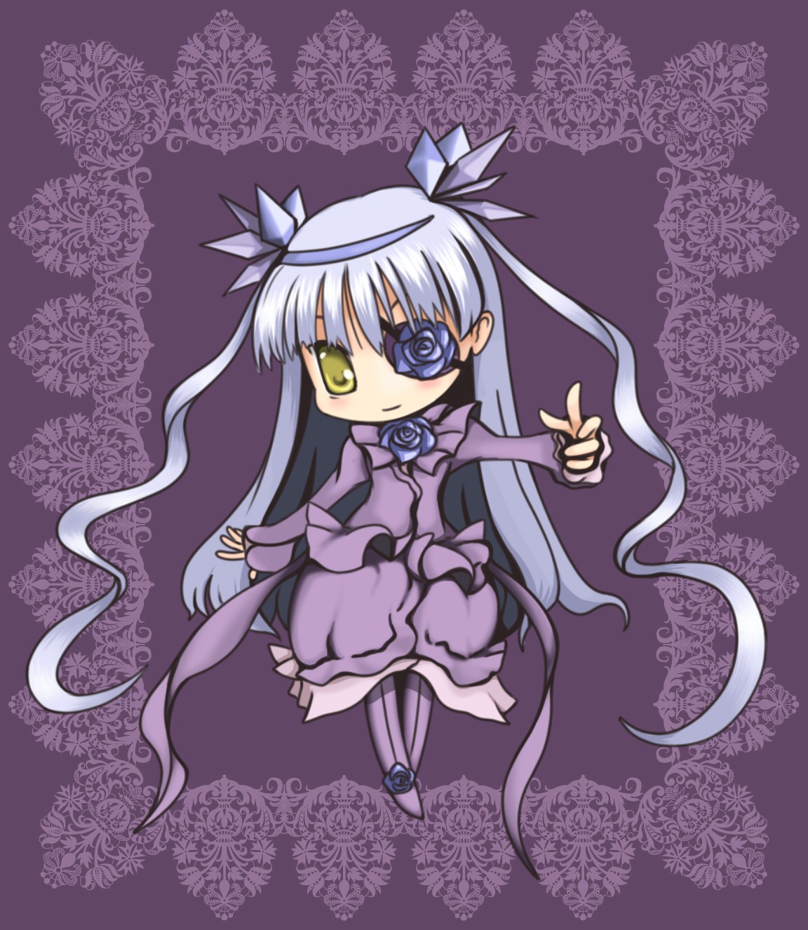 1girl barasuishou blue_flower blue_rose dress eyepatch flower frills full_body image long_hair long_sleeves purple_background ribbon rose smile solo two_side_up yellow_eyes