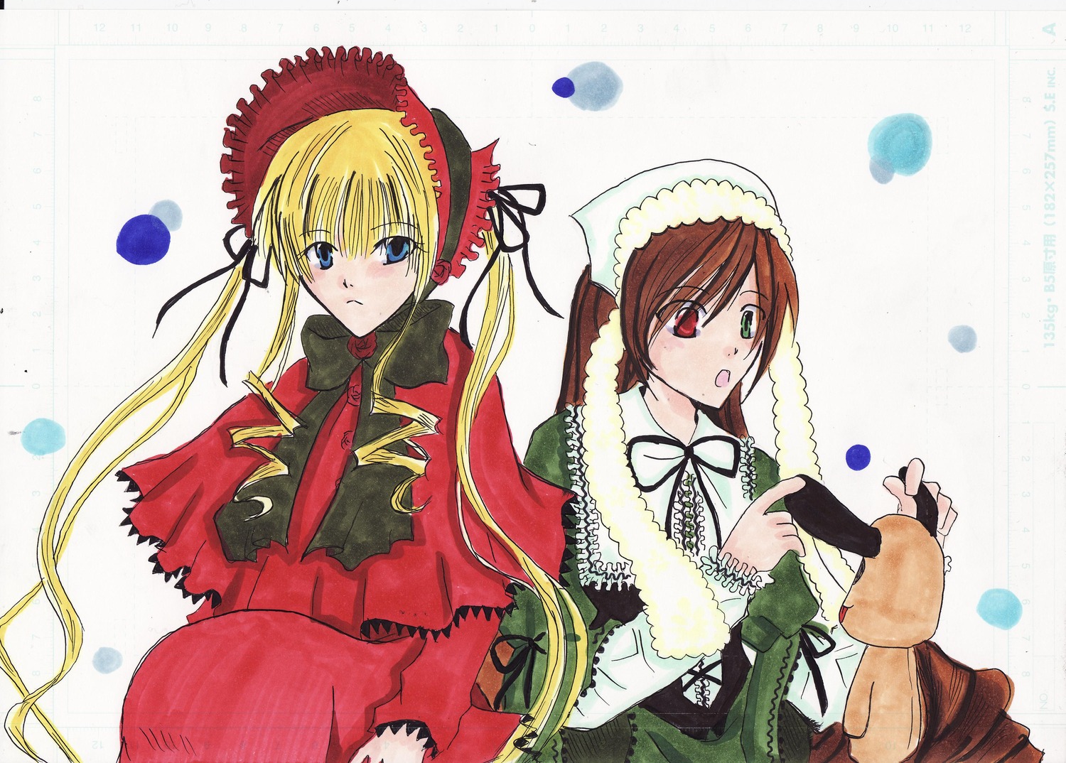 2girls blonde_hair blue_eyes blush bonnet bow brown_hair dress drill_hair green_eyes hat head_scarf heterochromia image long_hair long_sleeves looking_at_viewer multiple_girls open_mouth pair red_dress red_eyes shinku suiseiseki twintails very_long_hair