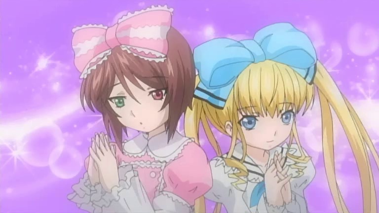 2girls blonde_hair blue_eyes bow brown_hair dress frills green_eyes hair_bow hands_clasped hands_together heterochromia holding_hands image interlocked_fingers long_hair long_sleeves looking_at_viewer multiple_girls non-web_source own_hands_together pair pink_bow purple_background rozen_maiden screencap shinku short_hair souseiseki upper_body