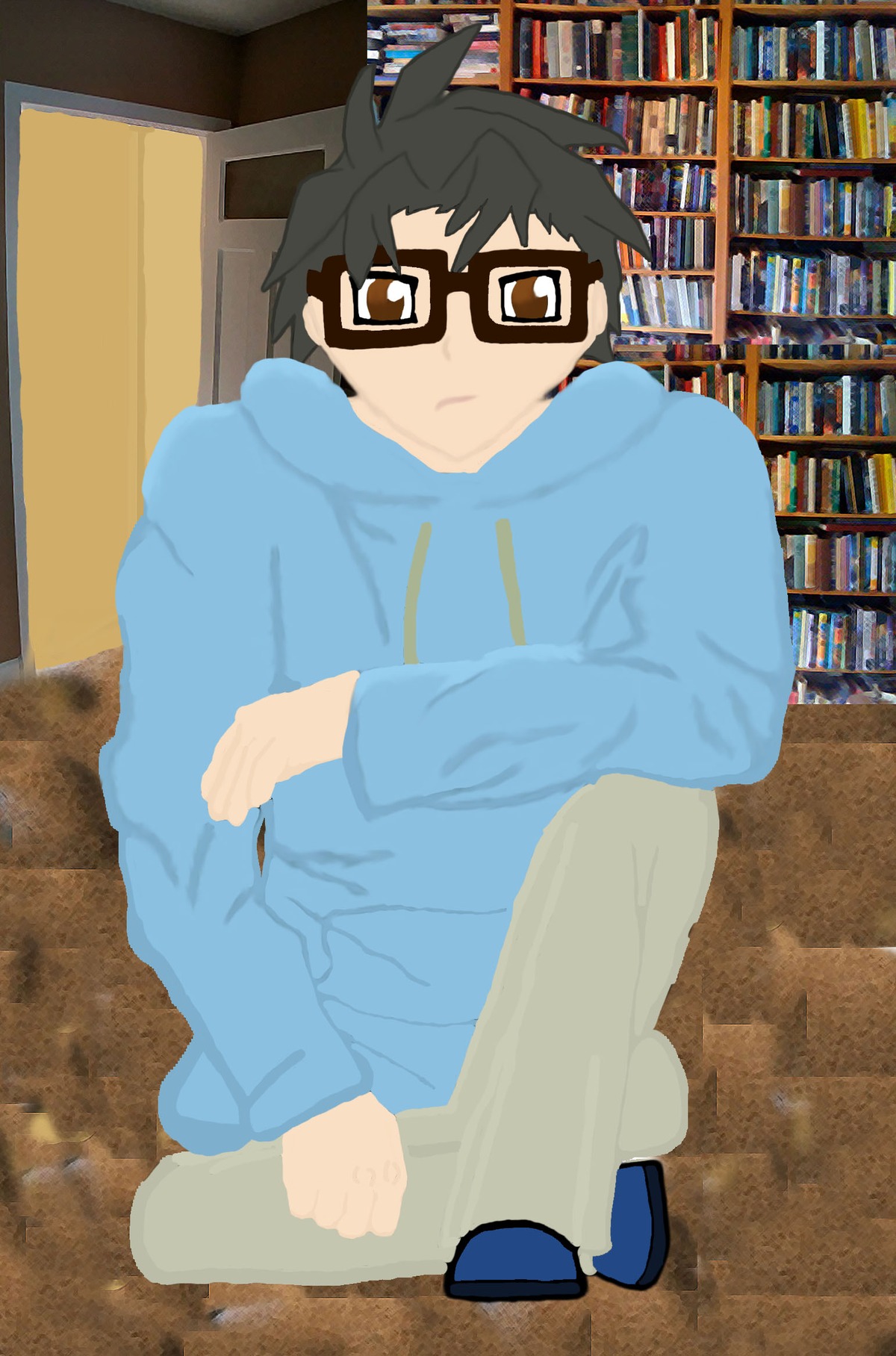 1boy black_hair book bookshelf glasses hood human sakurada_jun sitting solo