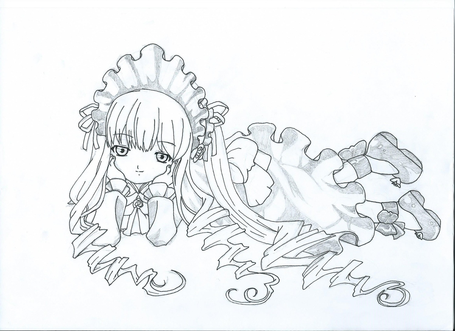 1girl dress drill_hair frills full_body greyscale image long_hair long_sleeves looking_at_viewer monochrome on_stomach shinku solo striped traditional_media twin_drills