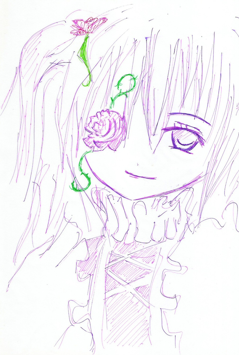 1girl flower image kirakishou long_hair looking_at_viewer monochrome rose smile solo