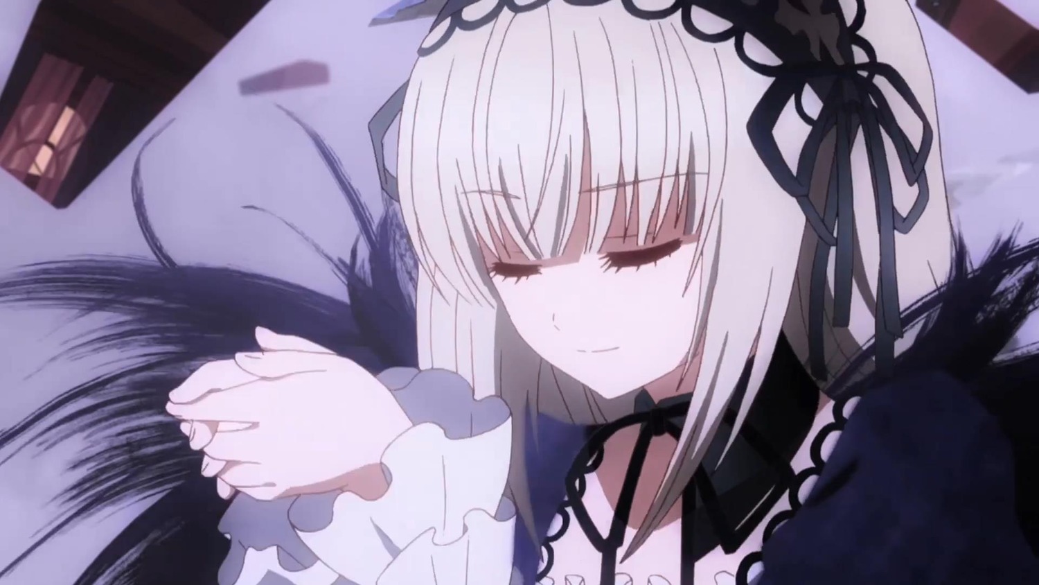 1girl bangs black_ribbon black_wings closed_eyes closed_mouth dress frilled_sleeves frills hairband image long_hair long_sleeves lying ribbon rose silver_hair sleeping smile solo suigintou wings