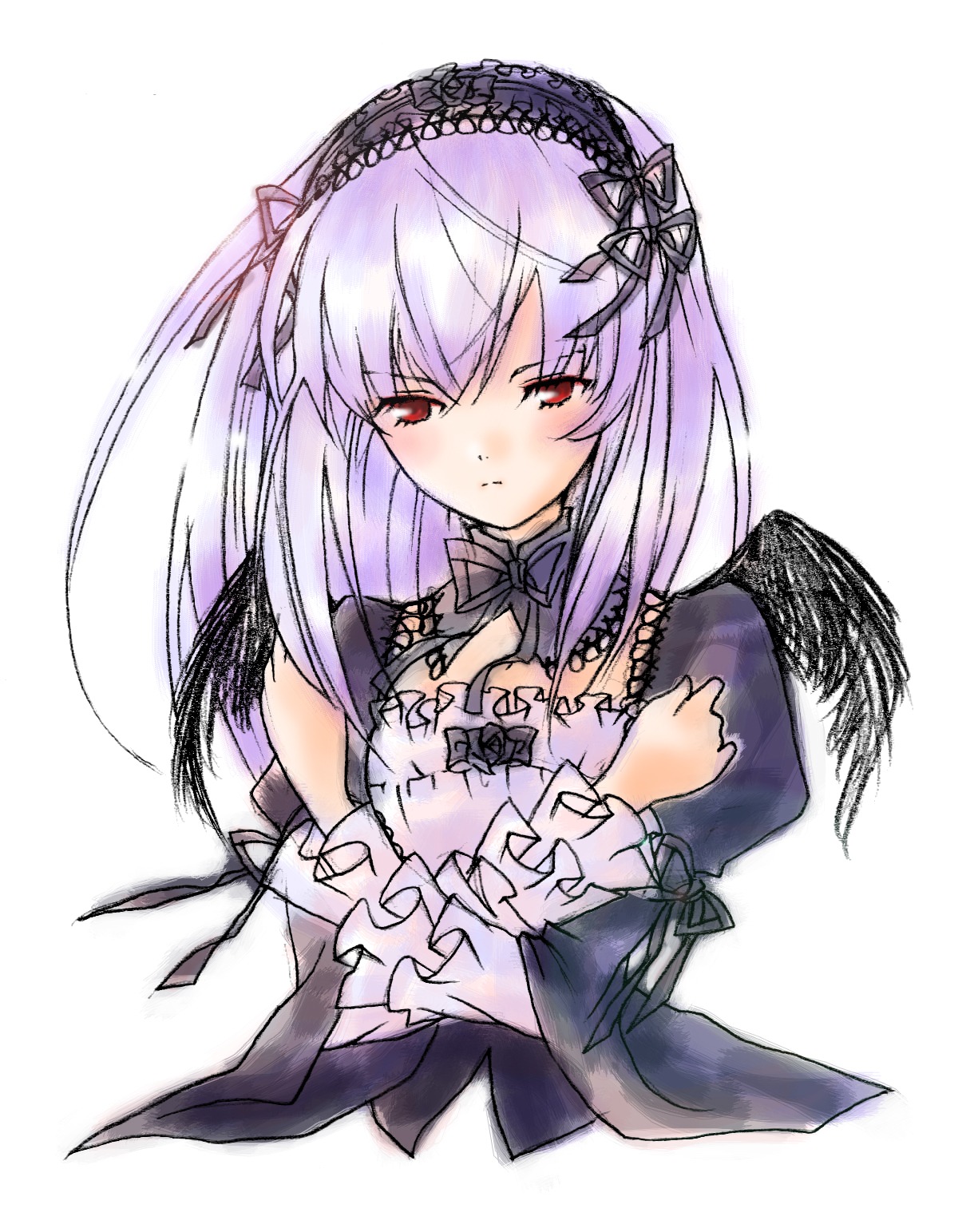 1girl black_ribbon black_wings blush detached_collar dress flower frills hairband image lolita_hairband long_hair long_sleeves looking_at_viewer red_eyes ribbon rose simple_background solo suigintou upper_body white_background wings