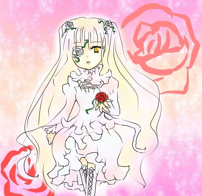 1girl bangs blonde_hair boots cross-laced_footwear dress eyepatch flower frills image kirakishou knee_boots long_hair long_sleeves pink_background red_flower rose solo thigh_boots thorns very_long_hair vines white_dress white_footwear yellow_eyes