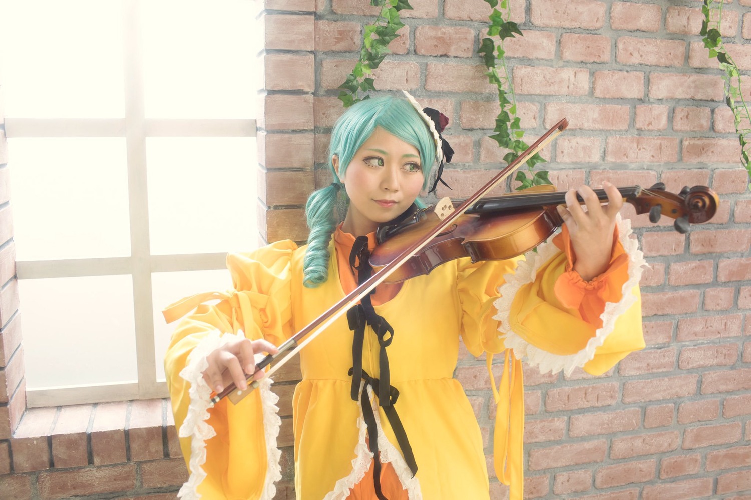 1girl aqua_hair dress frills instrument kanaria long_hair long_sleeves music playing_instrument solo twintails violin wall wide_sleeves window yellow_dress