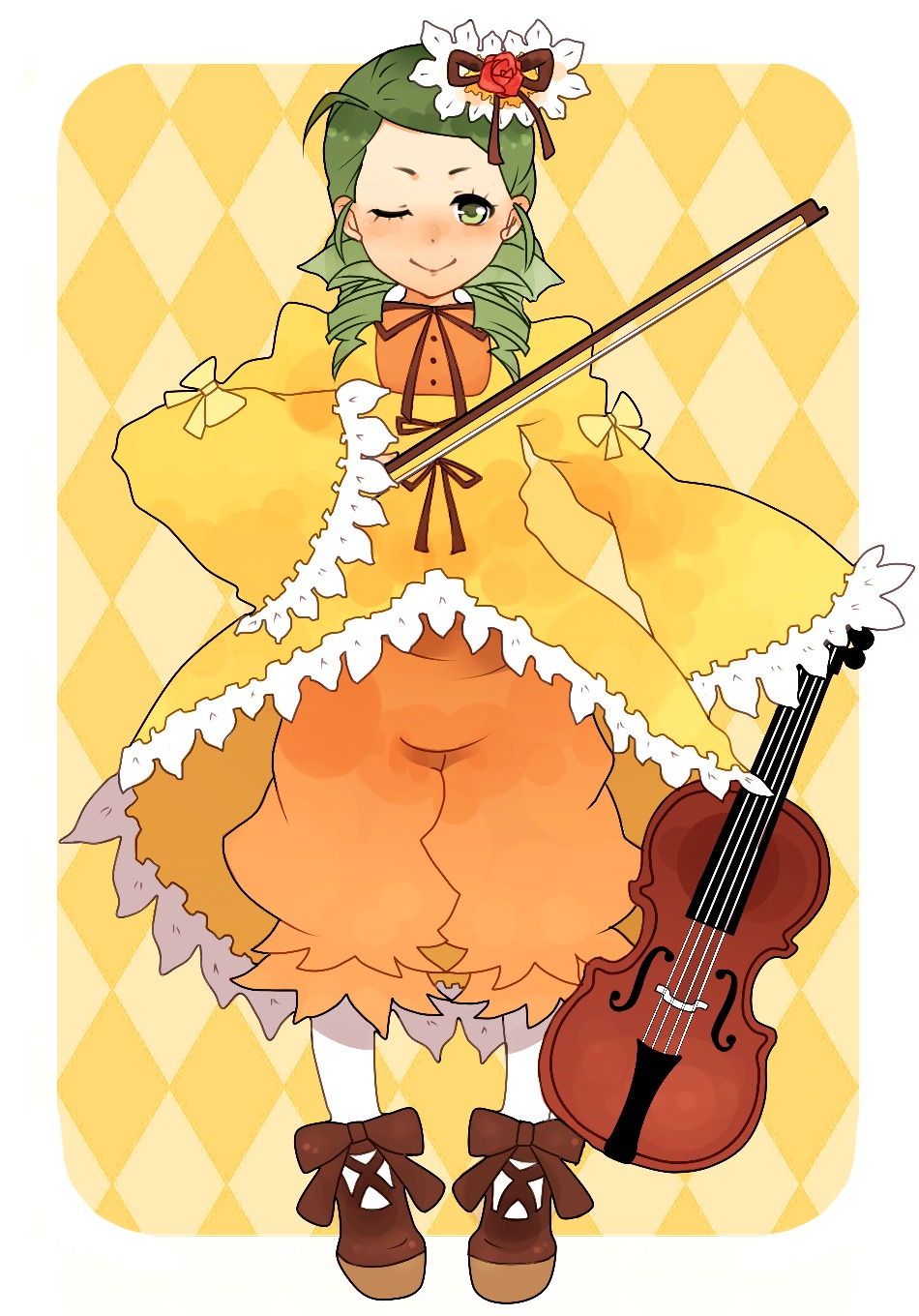 1girl argyle argyle_background argyle_legwear board_game checkerboard_cookie checkered checkered_background checkered_floor checkered_kimono checkered_skirt chess_piece cookie dress flag flower green_eyes green_hair guitar hair_ornament holding_flag image instrument kanaria knight_(chess) musical_note one_eye_closed pantyhose perspective plaid_background ribbon solo tile_floor tiles violin