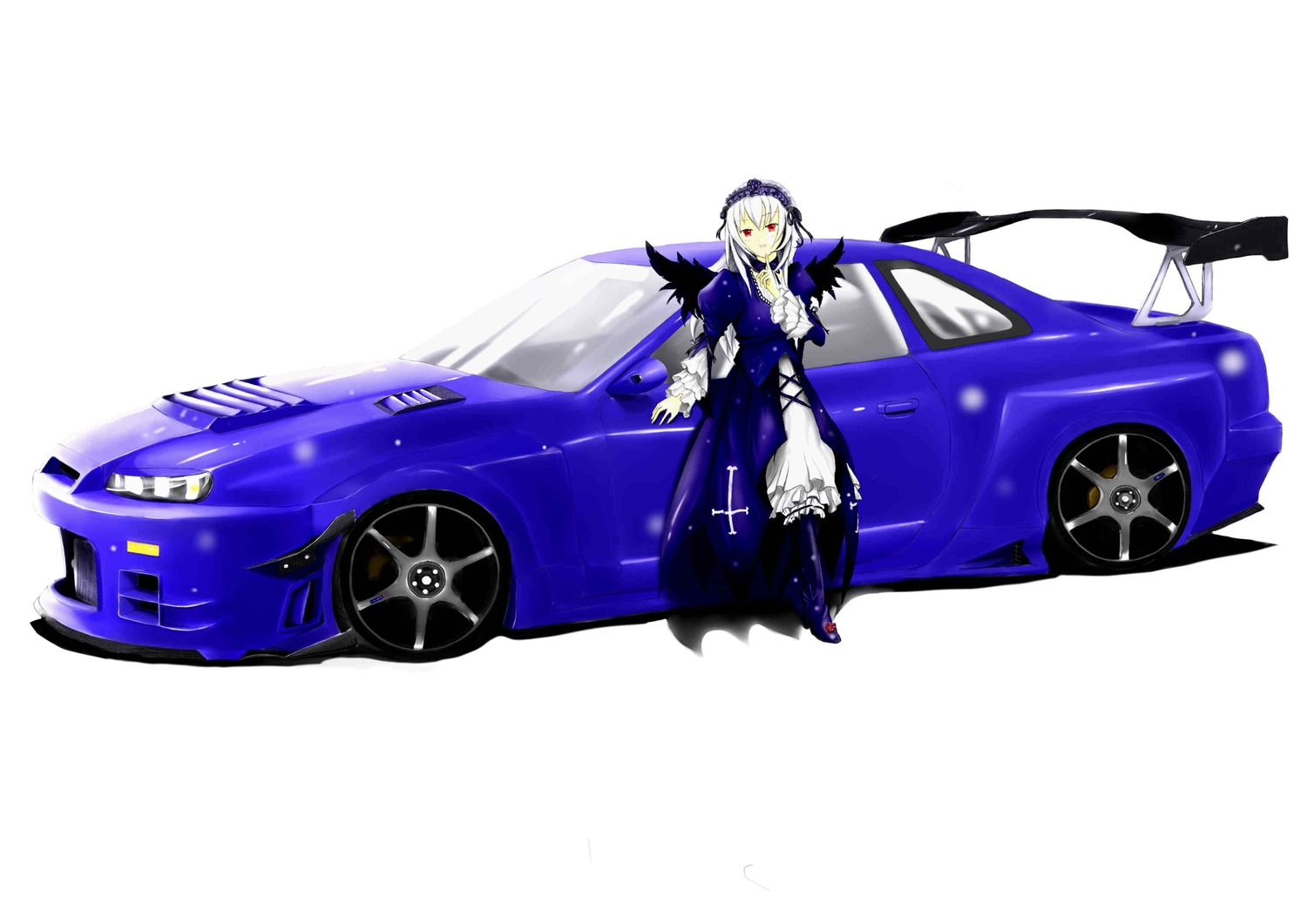 1girl car dress frills full_body ground_vehicle image looking_at_viewer motor_vehicle red_eyes solo suigintou wings