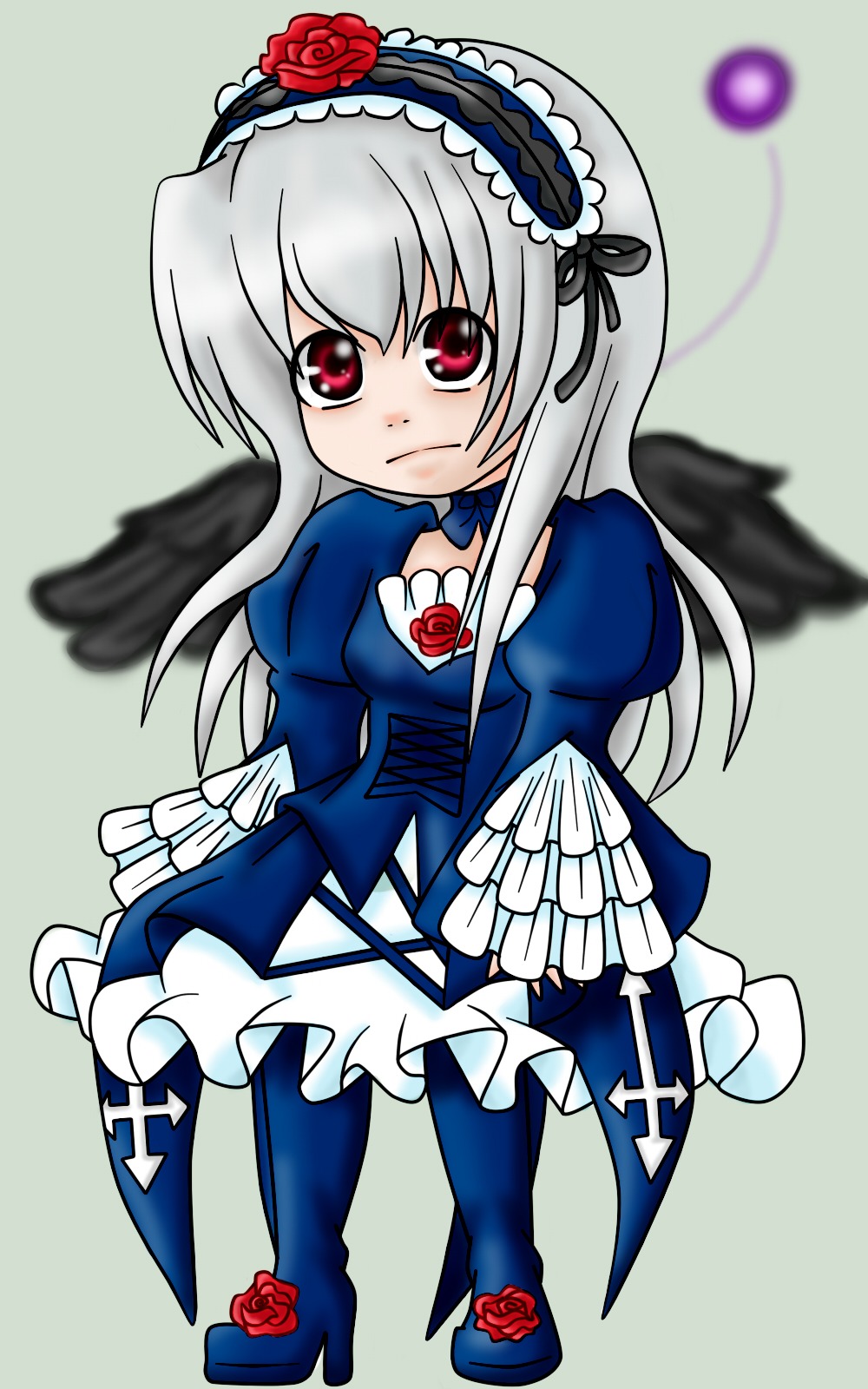 1girl black_wings blurry depth_of_field dress flower frills full_body hairband image juliet_sleeves long_hair long_sleeves looking_at_viewer red_eyes red_flower rose silver_hair solo suigintou wings