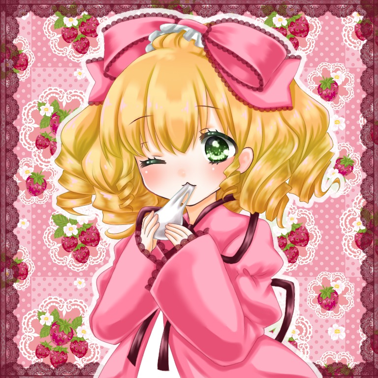 1girl blonde_hair bow dress drill_hair eating food fruit green_eyes hina_ichigo hinaichigo image long_sleeves one_eye_closed pink_bow ribbon solo strawberry