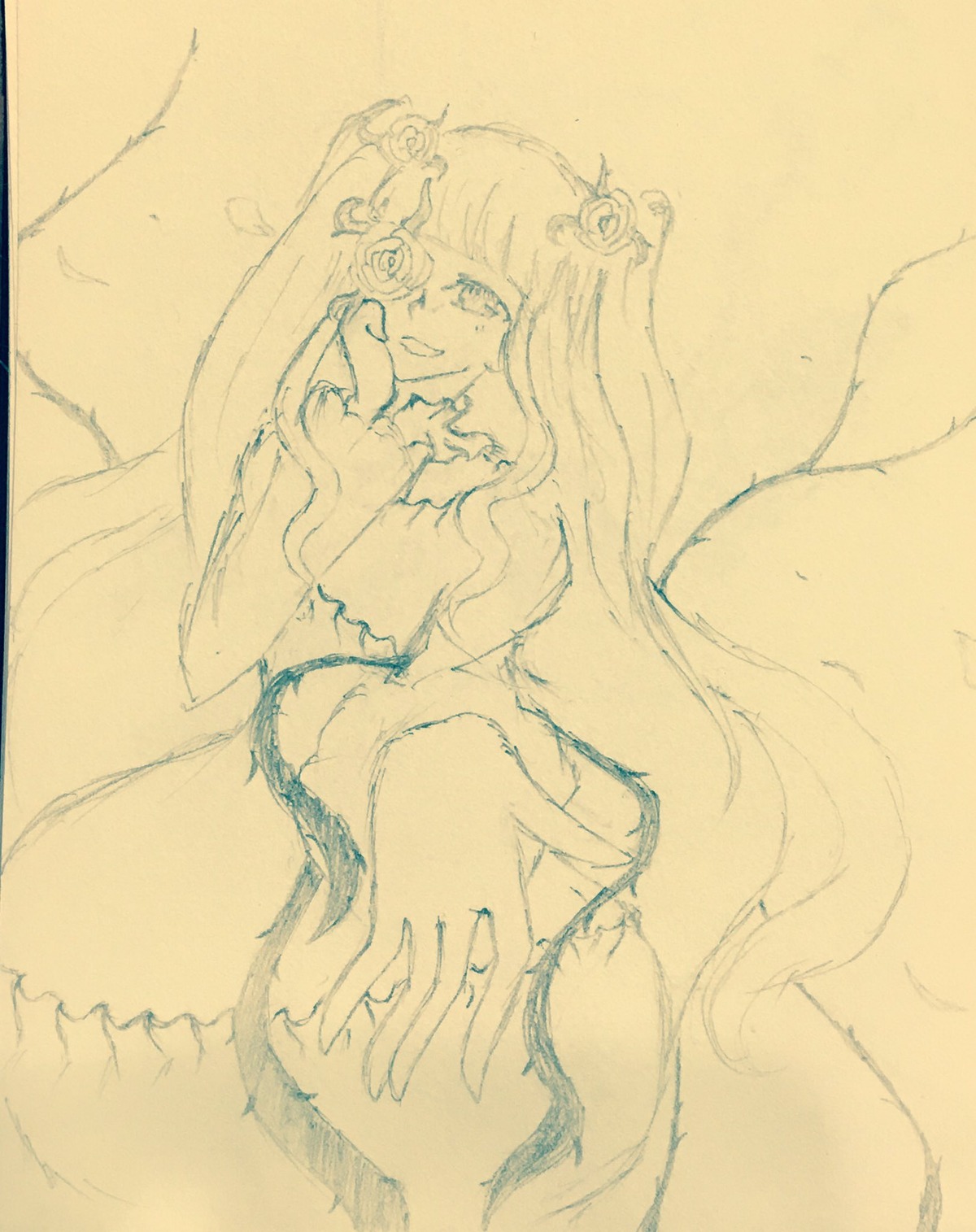 1girl dress hair_ornament image kirakishou long_hair looking_at_viewer monochrome ring sketch smile solo traditional_media