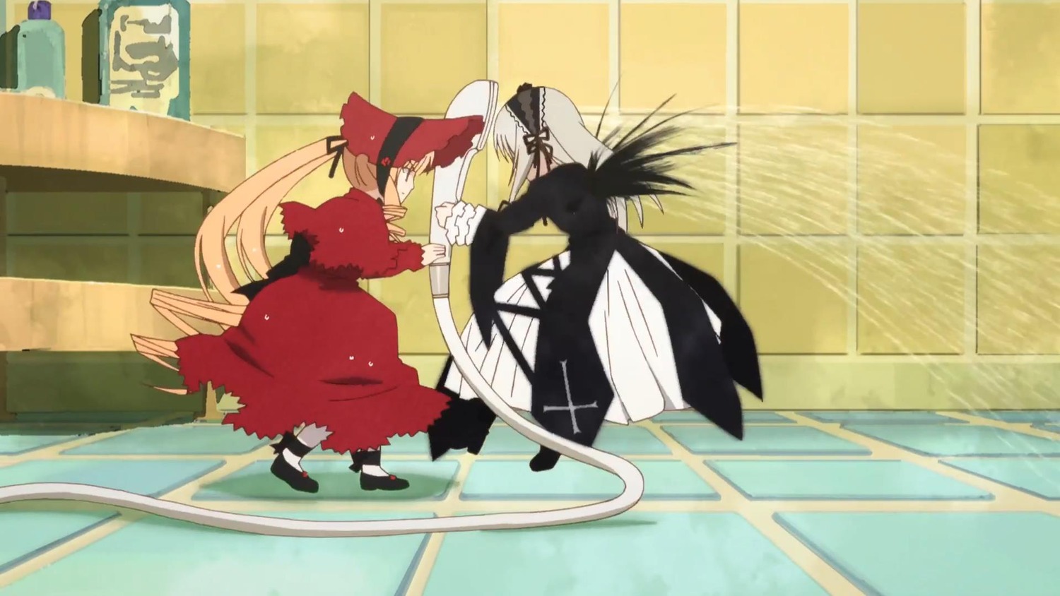 1boy 1girl black_hair blonde_hair dress image long_hair pair shinku suigintou tile_floor tiles very_long_hair