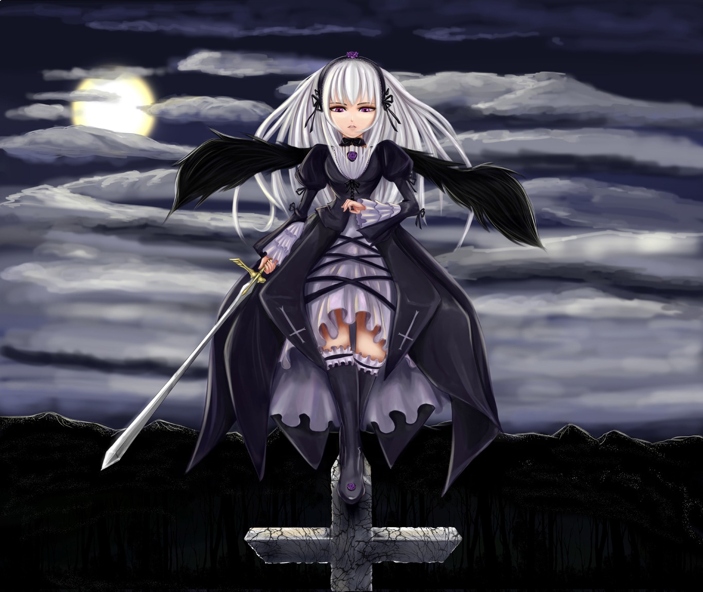 1girl auto_tagged dress image long_hair moon night purple_eyes silver_hair solo suigintou sword thighhighs weapon wings