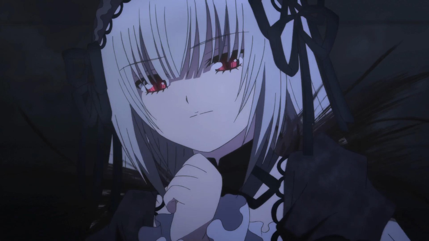 1girl bangs black_dress black_ribbon closed_mouth dress eyebrows_visible_through_hair frills hairband image long_hair long_sleeves looking_at_viewer red_eyes ribbon solo suigintou