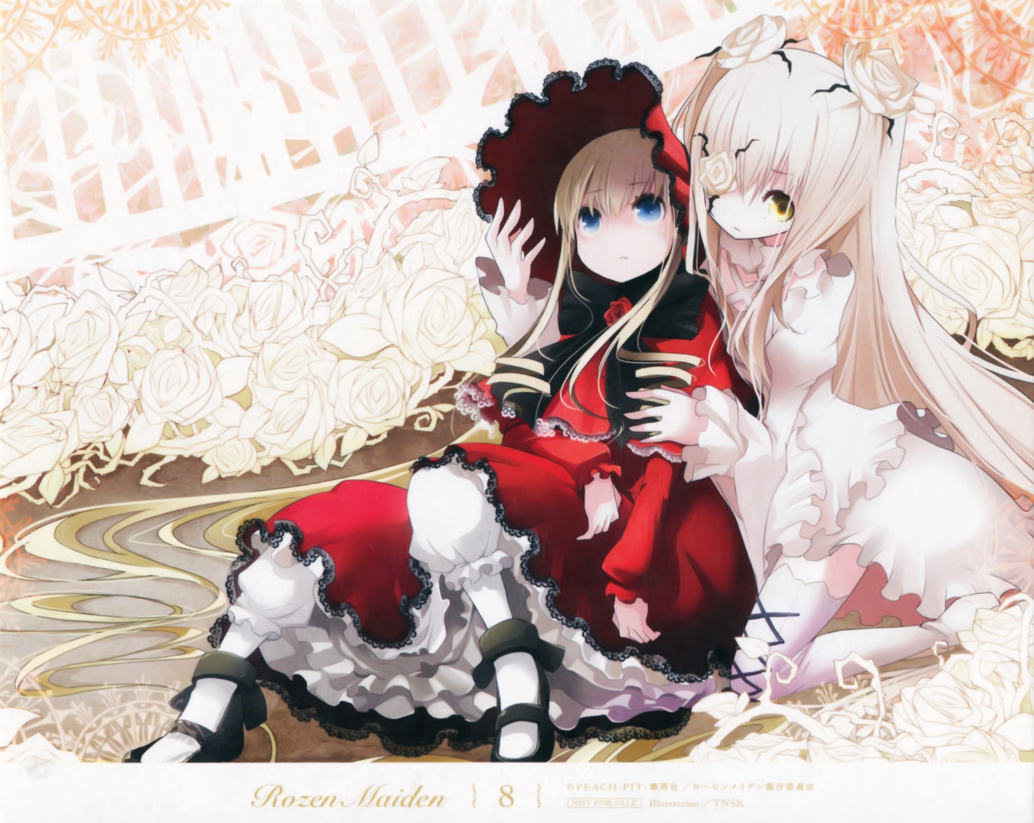 2girls blonde_hair blue_eyes bow dress flower frills hat image kirakishou long_hair long_sleeves multiple_girls one_eye_closed pair red_dress rose shinku sitting thighhighs very_long_hair white_flower white_legwear yellow_eyes