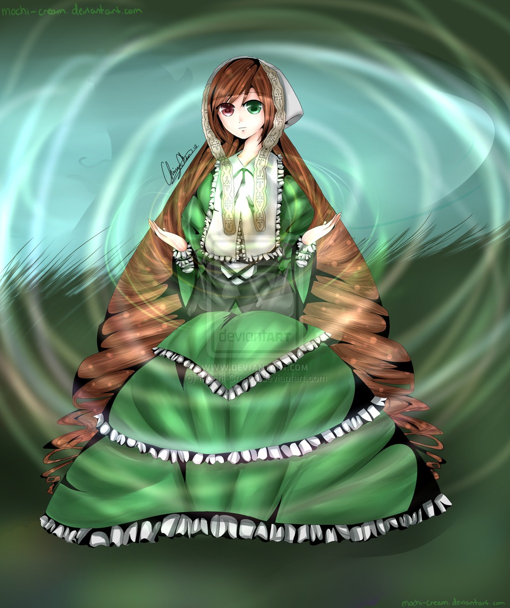 1girl artist_name brown_hair corset dress drill_hair frills green_dress green_eyes heterochromia image long_hair long_sleeves looking_at_viewer red_eyes solo suiseiseki twin_drills twintails very_long_hair wide_sleeves