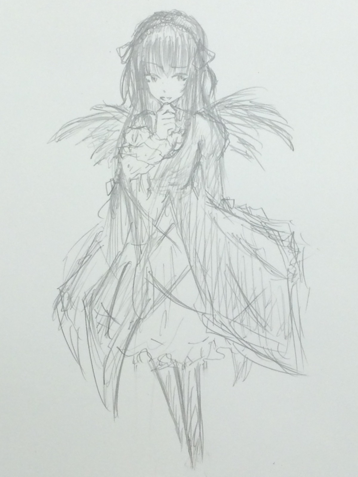 1girl akemi_homura akuma_homura bow dress feathered_wings feathers hairband image long_hair long_sleeves looking_at_viewer monochrome simple_background sketch solo suigintou traditional_media wings