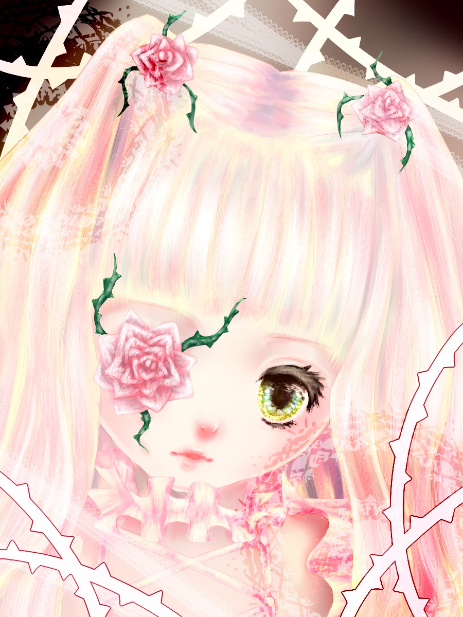 1girl face flower green_eyes image kirakishou lips pink_flower pink_hair pink_rose red_flower red_rose rose solo thorns white_rose