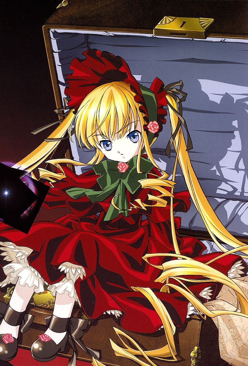 1girl blonde_hair bloomers blue_eyes bonnet bow bowtie dress drill_hair flower frills green_bow image long_hair long_sleeves looking_at_viewer red_capelet red_dress rose shinku shoes sitting solo twintails underwear very_long_hair