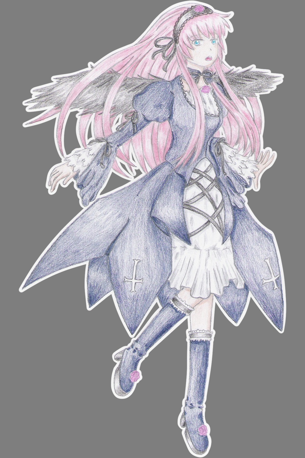 1girl blue_eyes boots dress frills full_body gothic_lolita hairband image lolita_fashion long_hair megurine_luka pink_hair ribbon solo suigintou transparent_background very_long_hair wings