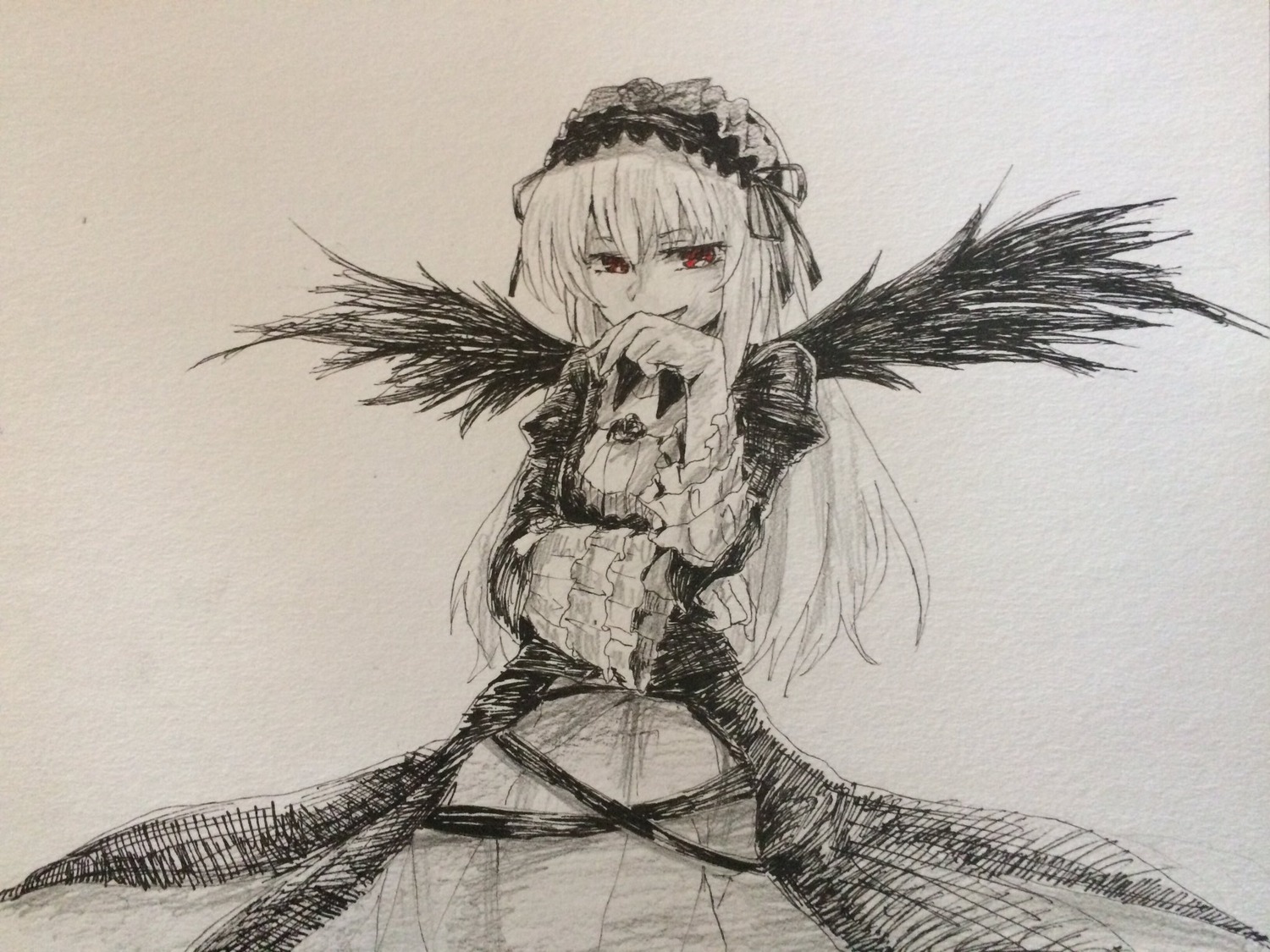 1girl dress frills hairband hand_to_own_mouth image long_hair long_sleeves looking_at_viewer monochrome red_eyes rose solo suigintou wings