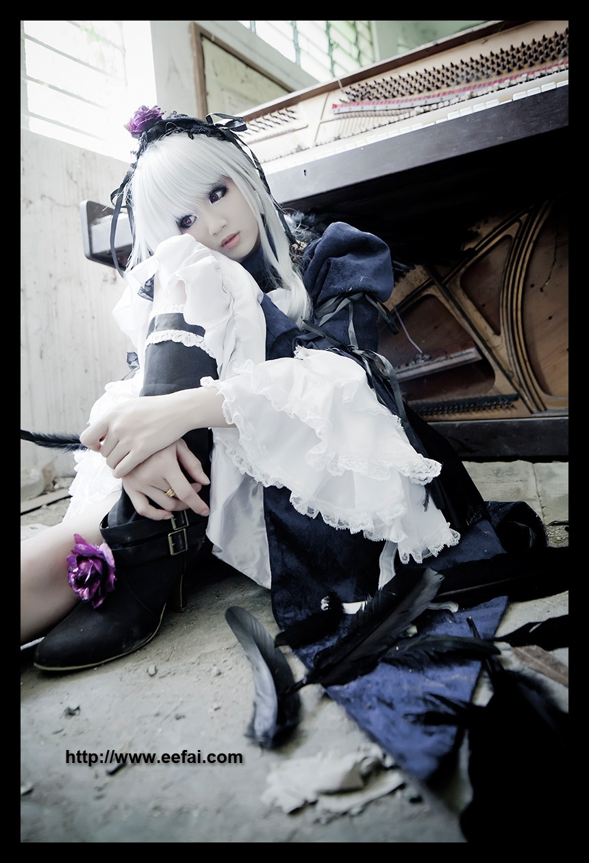 1girl dress feathers flower frills gothic_lolita hairband letterboxed lolita_fashion long_sleeves rose silver_hair sitting solo suigintou