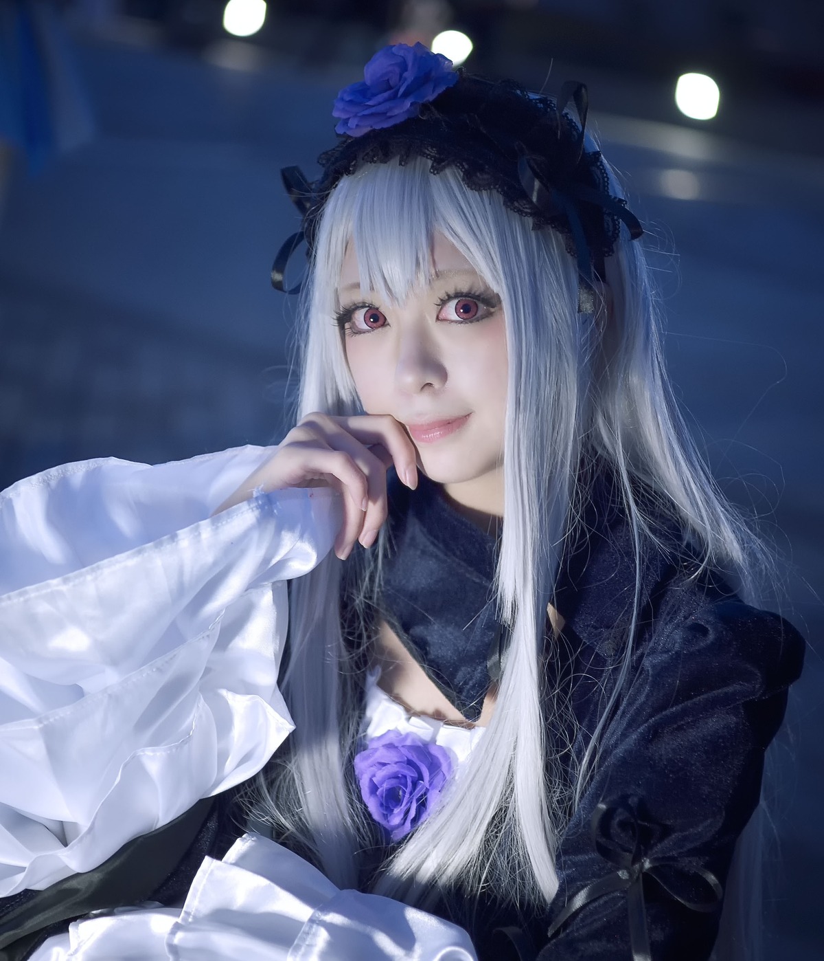 1girl blue_flower blue_rose closed_mouth dress flower full_moon hair_flower hair_ornament lips long_hair long_sleeves looking_at_viewer moon moonlight night purple_rose rose solo suigintou upper_body