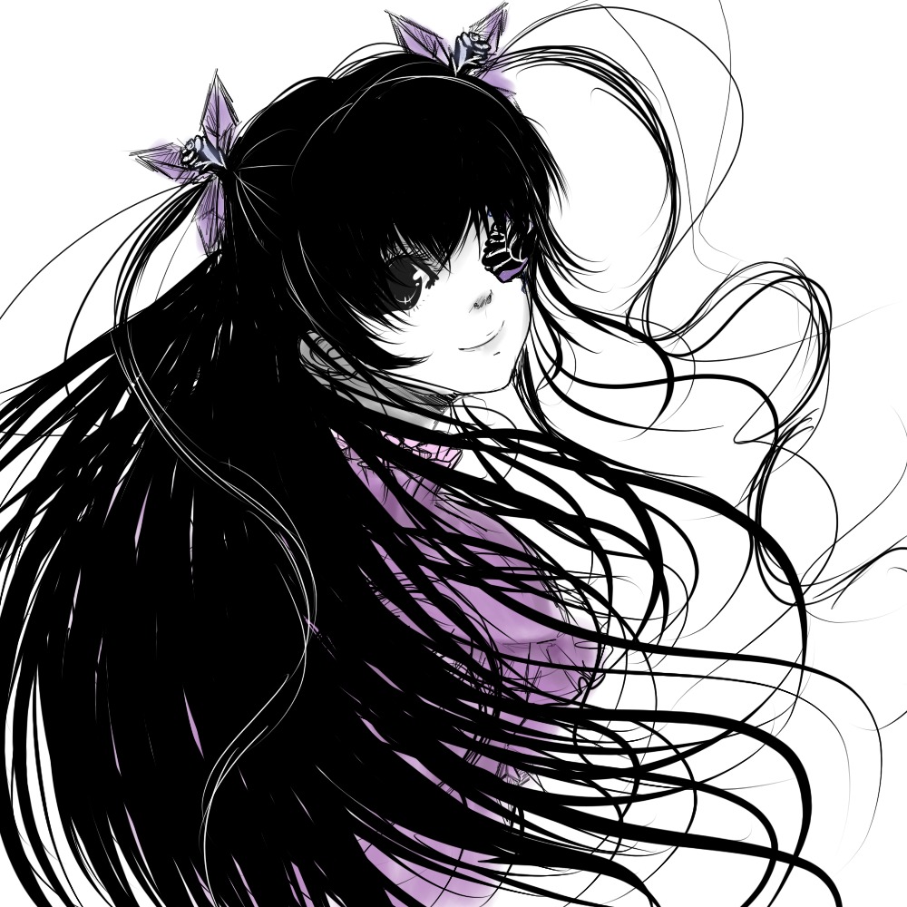 1girl bangs barasuishou bug butterfly butterfly_hair_ornament closed_mouth hair_ornament image long_hair looking_at_viewer monochrome murasaki_shikibu_(fate) simple_background smile solo two_side_up very_long_hair white_background