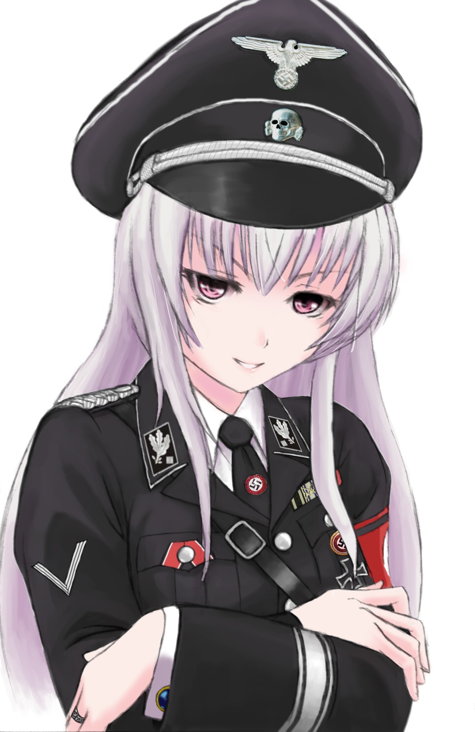 1girl armband bad_id bad_pixiv_id hat highres image iron_cross jewelry long_hair looking_at_viewer military military_uniform nazi necktie party_pin peaked_cap ring rozen_maiden skull smile solo striped suigintou swastika tiger_monta totenkopf uniform upper_body white_hair
