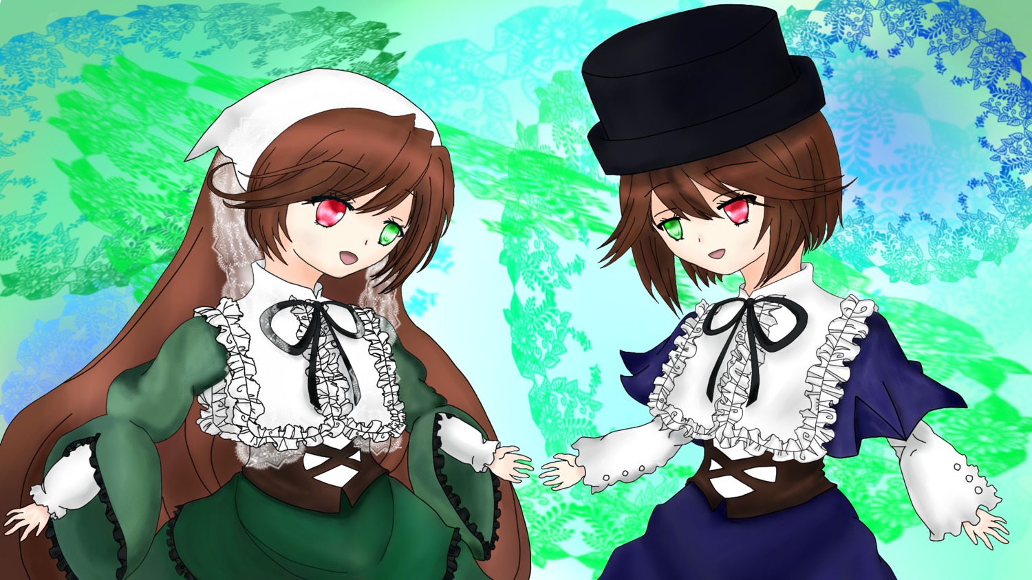 :d brown_hair dress frills green_dress green_eyes hat heterochromia image long_hair long_sleeves multiple_girls open_mouth pair red_eyes short_hair siblings sisters smile souseiseki suiseiseki top_hat twins very_long_hair