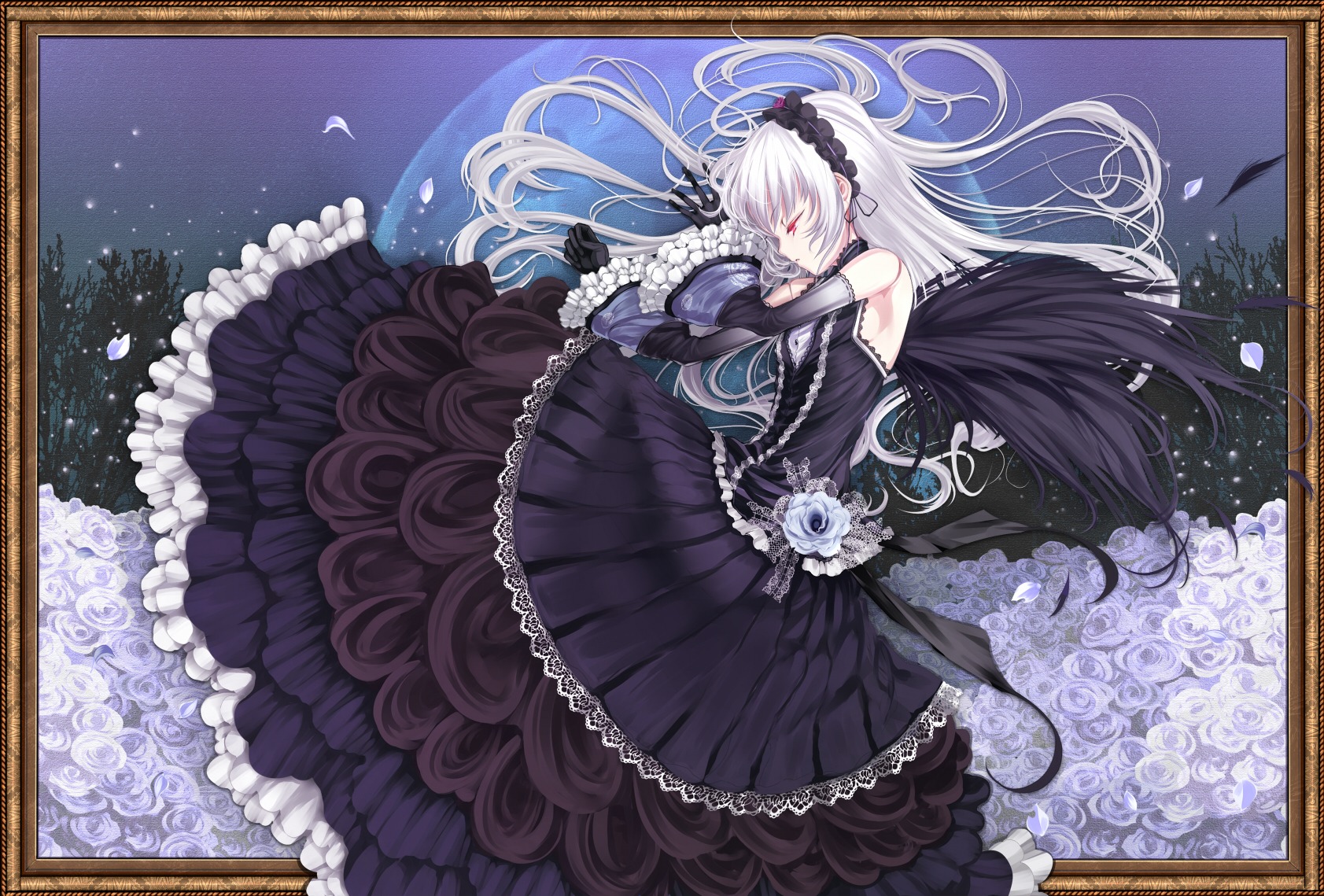 1girl bare_shoulders black_dress black_gloves black_wings commentary_request detached_sleeves dress feathers flower framed frilled_dress frills gloves gown hairband highres image lolita_fashion lolita_hairband long_hair lying on_side petals profile red_eyes rose rozen_maiden shiokonbu silver_hair solo suigintou too_many too_many_frills white_flower white_hair white_rose wings
