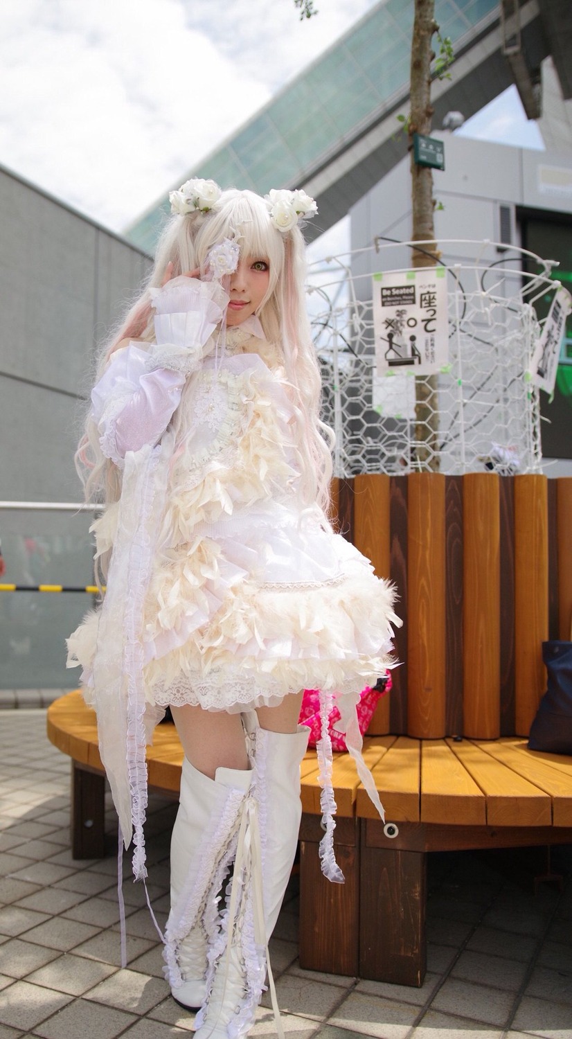 1girl boots dress flower hair_ornament indoors kirakishou long_hair solo standing tile_floor tiles white_dress white_flower white_footwear white_rose