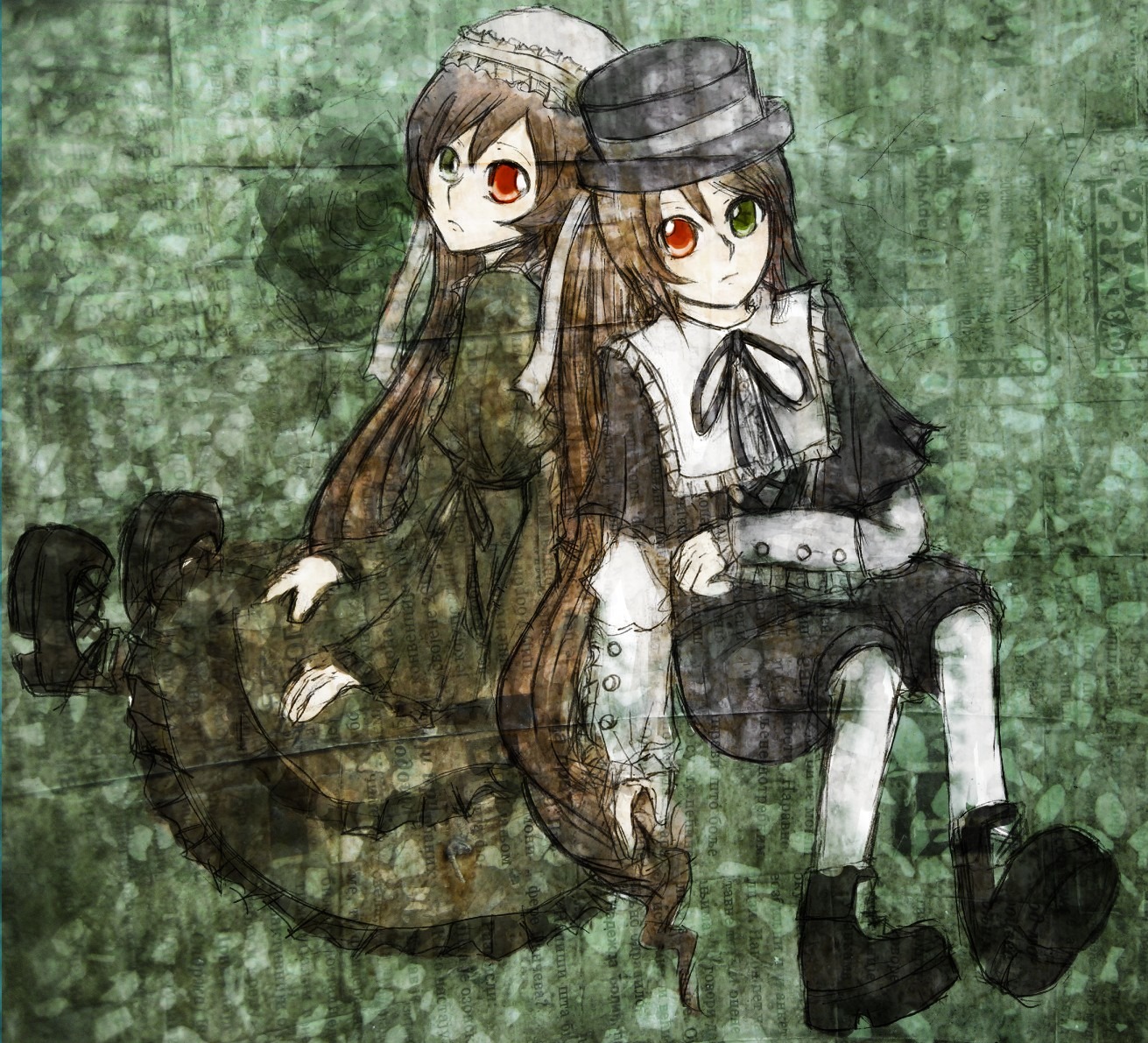 2girls back-to-back black_footwear brown_hair dress hat heterochromia holding_hands image long_hair long_sleeves looking_at_viewer multiple_girls pair red_eyes shoes short_hair siblings sisters sitting souseiseki suiseiseki twins very_long_hair