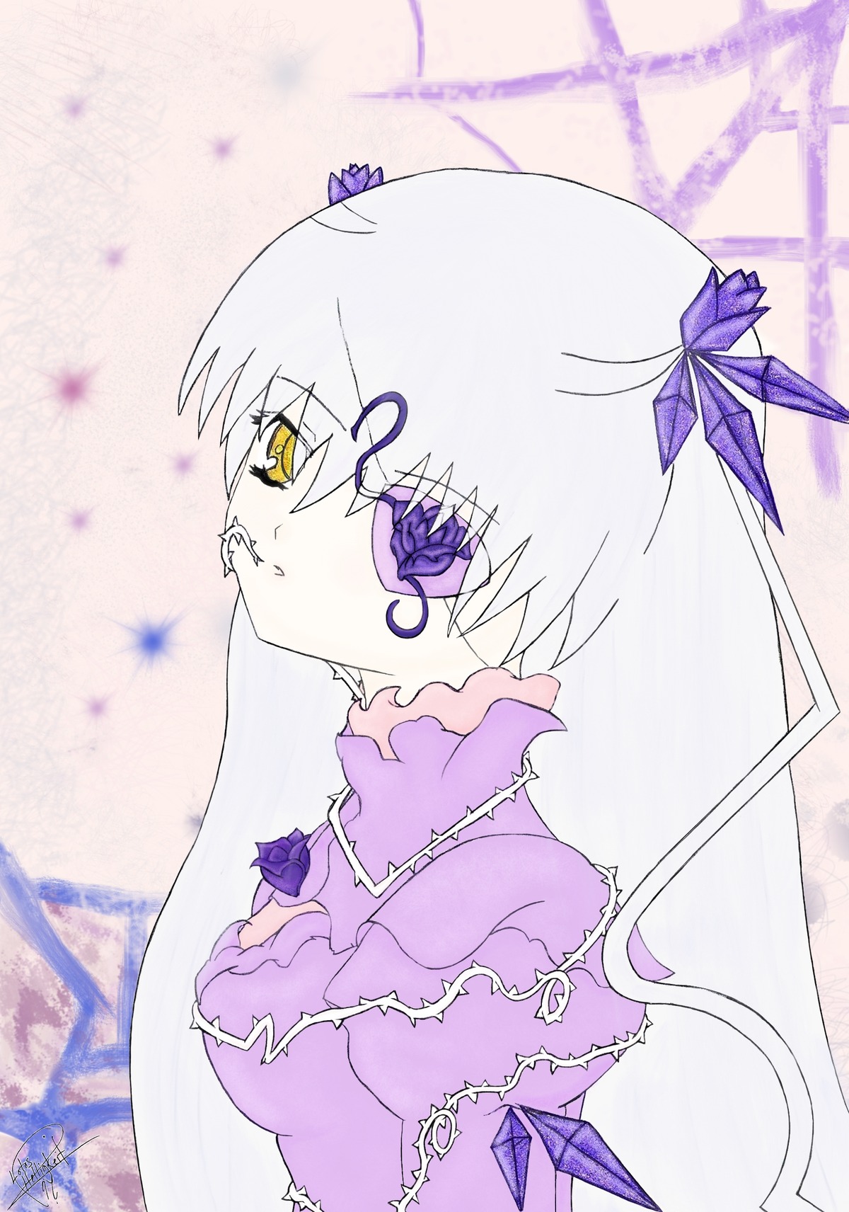 1girl bangs barasuishou breasts flower hair_ornament image looking_at_viewer profile silver_hair solo upper_body yellow_eyes