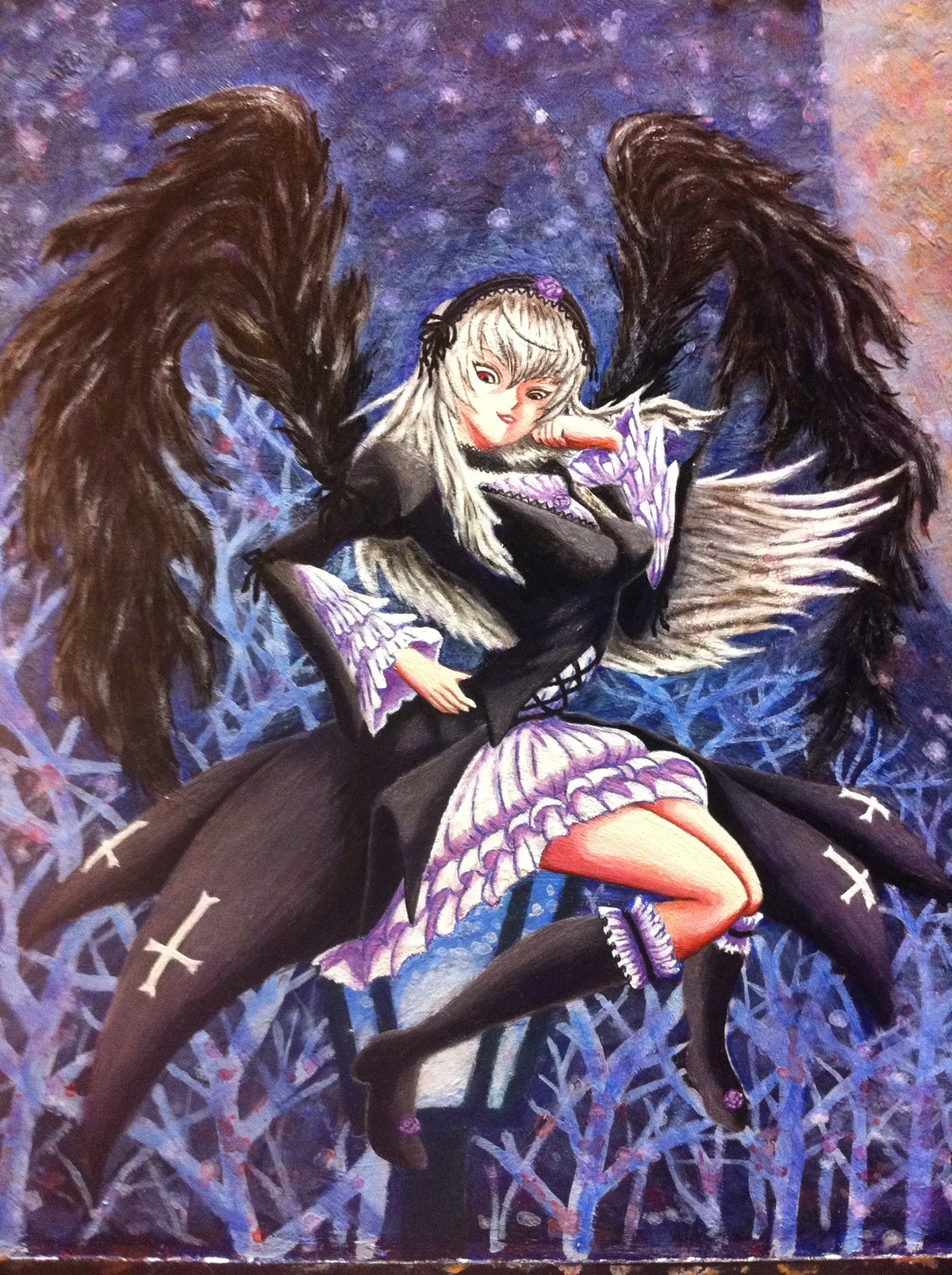 1girl black_wings dress frills image long_hair long_sleeves looking_at_viewer sitting solo suigintou wings