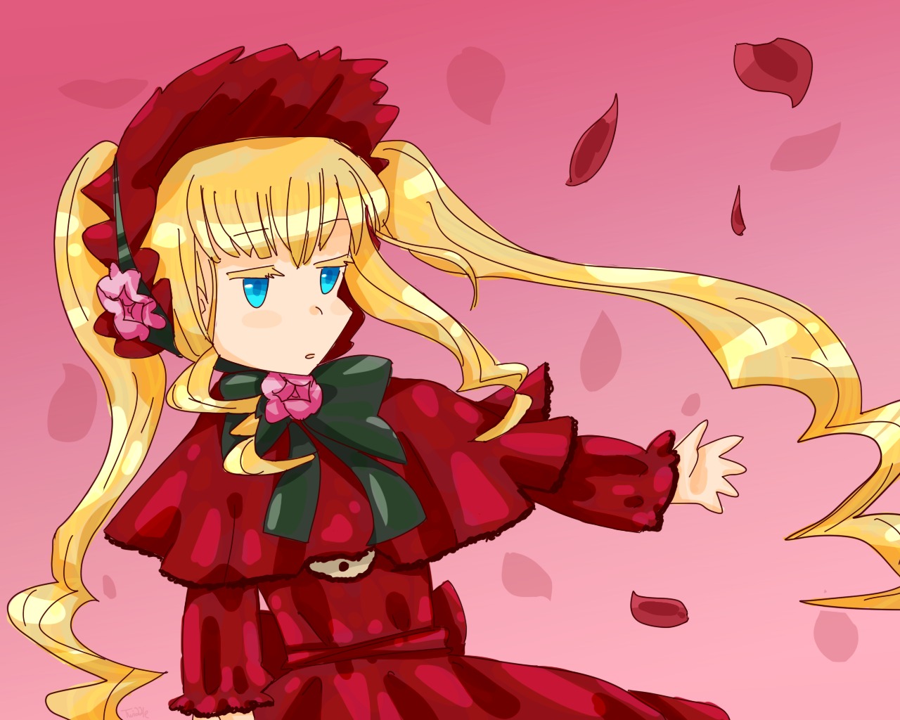 1girl bangs blonde_hair blue_eyes bonnet bow bowtie capelet dress flower green_bow image long_hair long_sleeves petals pink_background red_capelet red_dress shinku sidelocks solo twintails very_long_hair