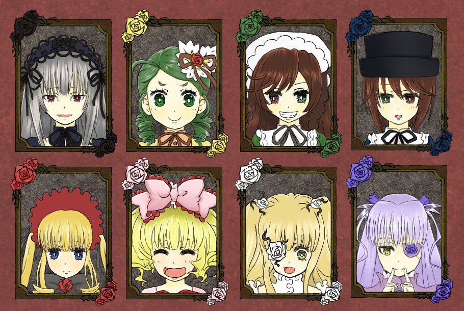 6+girls blonde_hair blue_eyes blue_flower blue_rose bonnet bow brown_hair closed_eyes dress drill_hair eyepatch flower frills green_eyes green_hair grin hairband hat hina_ichigo image kanaria long_hair looking_at_viewer multiple multiple_girls open_mouth purple_flower purple_rose red_eyes red_flower red_rose ribbon rose shinku silver_hair smile souseiseki suigintou suiseiseki tagme thorns twintails white_rose yellow_eyes