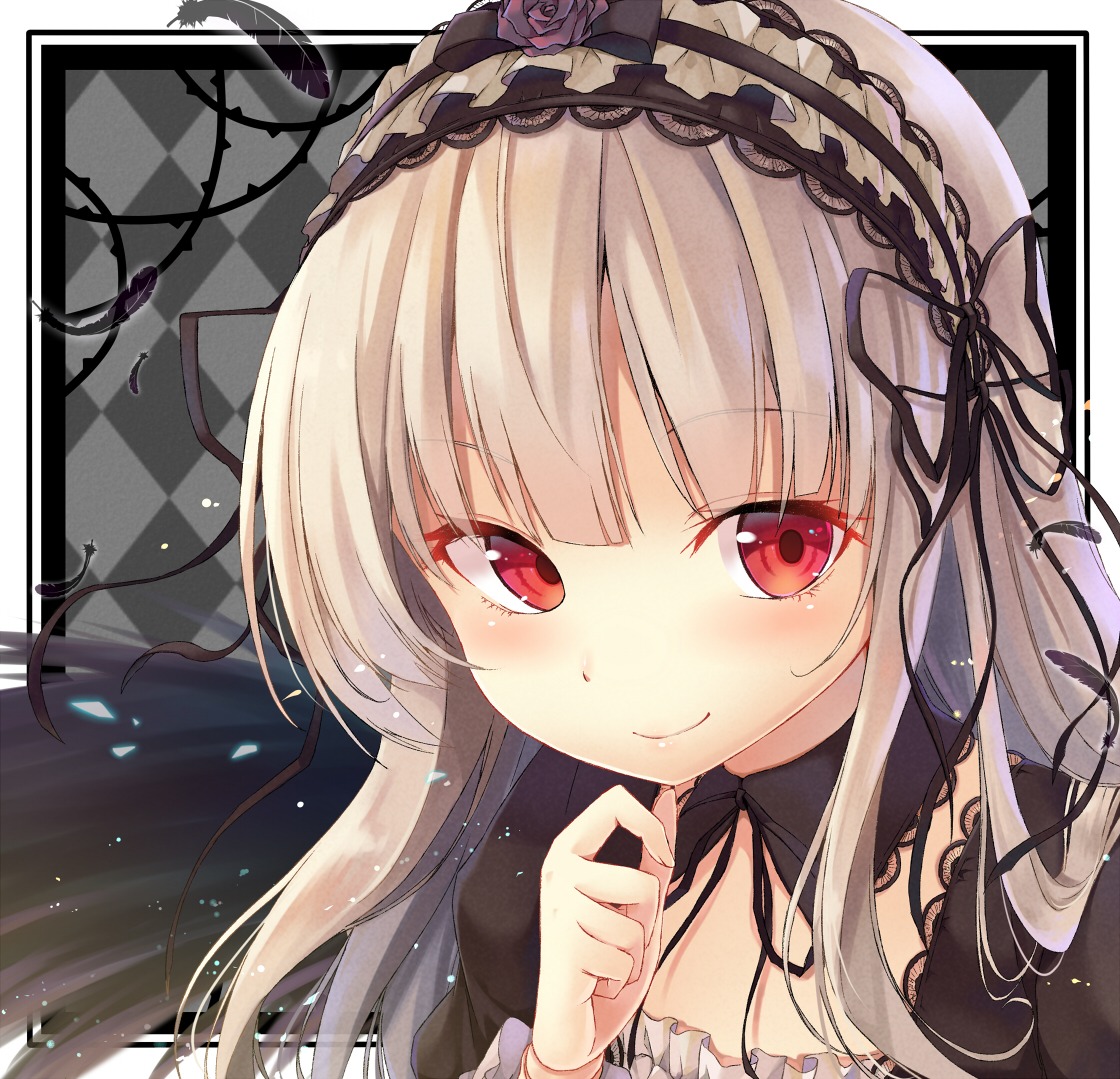 1girl argyle argyle_background bangs black_dress black_ribbon blush bonnet checkered checkered_background checkered_floor chess_piece closed_mouth commentary_request dress eyebrows_visible_through_hair face flower frills hair_ribbon hairband image kakao_rantan lolita_fashion lolita_hairband long_hair long_sleeves looking_at_viewer petals red_eyes ribbon rose rozen_maiden silver_hair smile solo suigintou tile_floor tiles upper_body wings